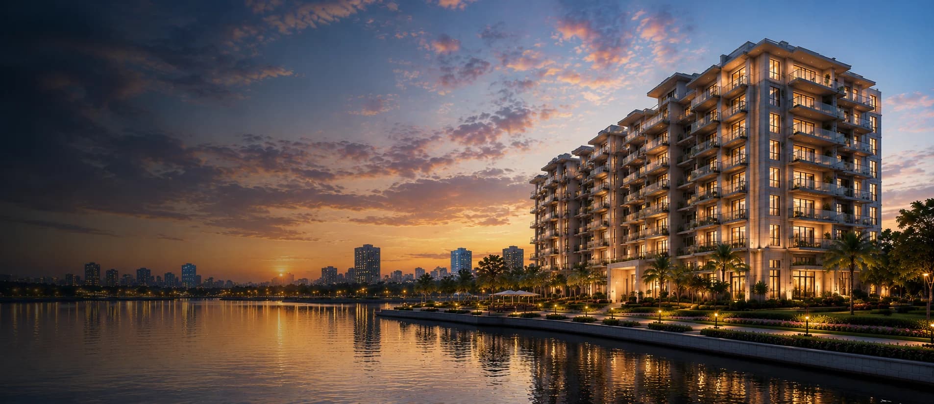 Waterfront residences at sunset