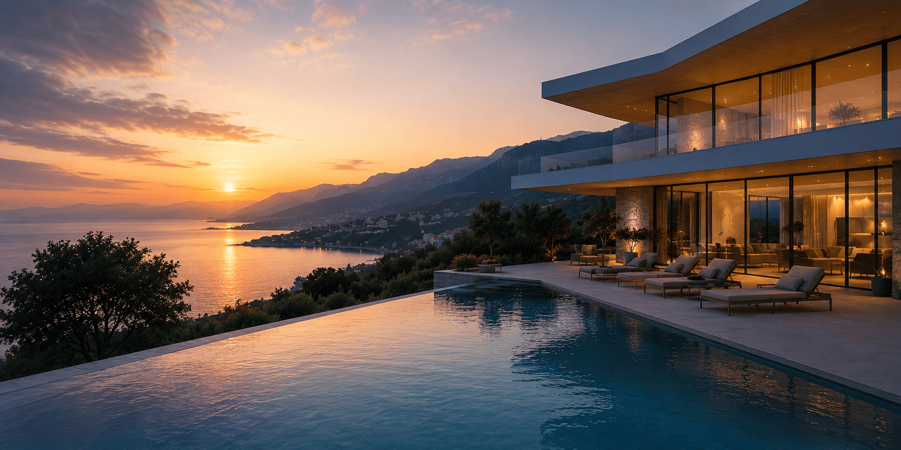Luxury coastal villa overlooking an infinity pool at sunset