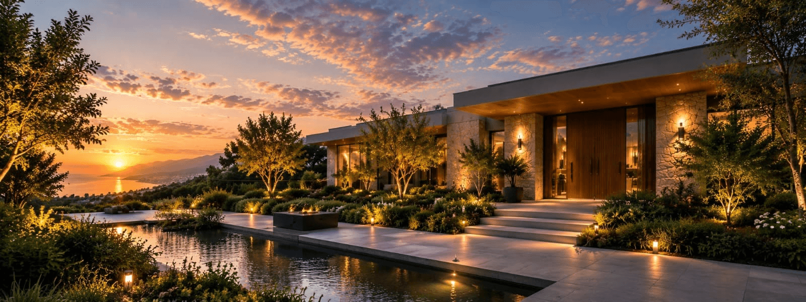 Contemporary luxury villa beside an infinity pool at sunset