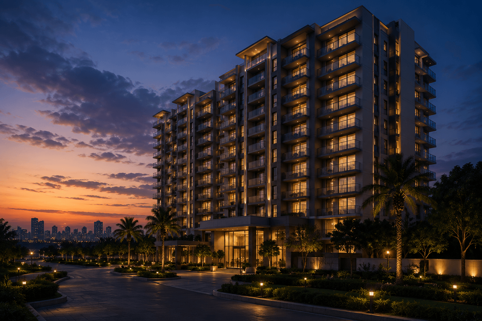 Premium residential development illuminated at dusk